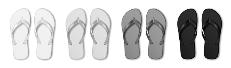 Collection of monochrome flip flops in gradient shades from white to black. Elegant minimal design perfect for summer fashion displays. Vibrant and stylish footwear.