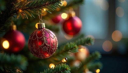 Obraz premium Festive Christmas ornaments adorn a decorated tree, sparkling with lights , bright, spruce, winter wonderland