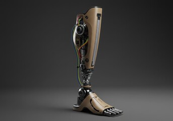 Detailed view of a futuristic prosthetic leg design