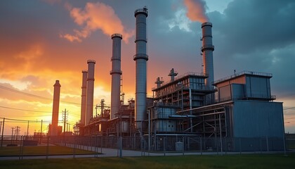 Gas turbine power plant at sunset. Industrial facility generates electricity, produces energy. Oil refinery, petrochemical factory, heavy industry complex. Smoke from chimneys pollutes environment.
