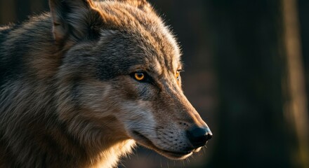 Obraz premium Close-up profile of a wolf in a forest. Golden light highlights its fur