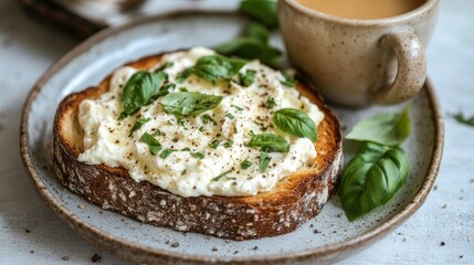 Toasted bread topped with creamy ricotta, herbs, and spices