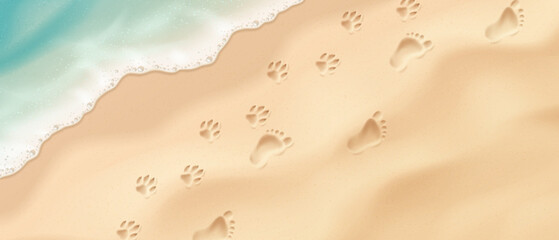 Illustration of footprints and pawprints on a sandy beach. Gentle waves add texture. Used to convey summer vibes, vacation memories, and coastal adventures.