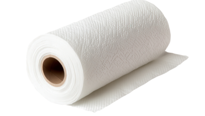 A partially unrolled roll of white paper towels on a dark background, showing its textured surface and cardboard core