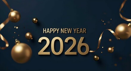 Golden "Happy New Year 2026" text with festive lights, confetti, and Christmas tree branches for holiday celebration background design.