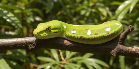 This striking green tree python displays its vibrant scales and unique patterns while resting on a branch in a rainforest environment on a sunny day, showcasing its reptilian beauty