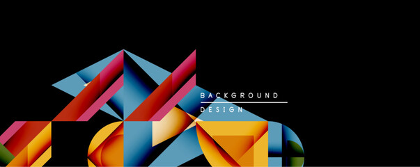 Abstract geometric shapes overlap, creating vibrant colorful design. Dark background emphasizes bright hues, modern aesthetic. Minimalist composition, dynamic visual impact.