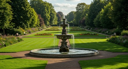 Obraz premium Serene garden scene featuring a central fountain, meticulously manicured lawns, and vibrant flowerbeds, all bathed in sunlight
