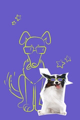 Dog wearing glasses beside drawn version on purple background. Digital art collage. Bold colorful poster with hand made drawing. Concept of animals, fashion, humor, pet care, design.