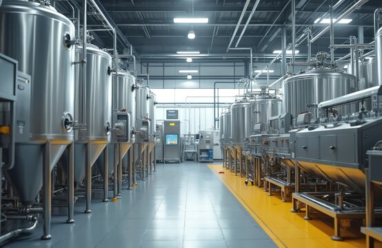 Modern food production facility with advanced tech. Stainless steel equipment, processing, packaging lines, industrial automation. Tanks, pipes, machines, factory, manufacturing industry.