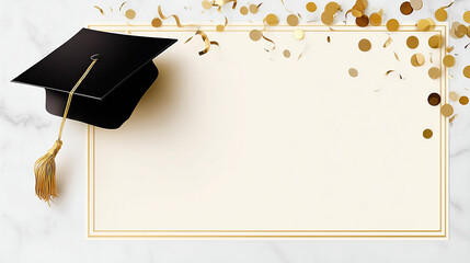 Overhead View of Graduation Cap, Diploma and Confetti on White Marble, Bright Even Lighting with Central Text Space in Minimalist Academic Design.