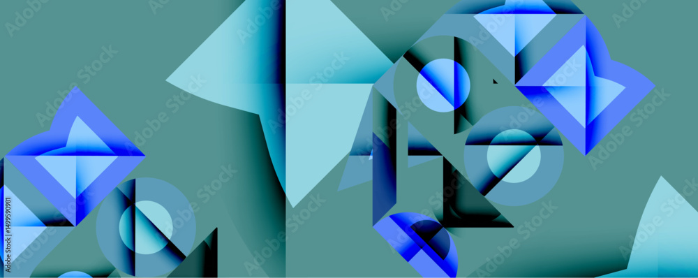 Aufkleber Abstract geometric composition. Blue shapestriangles, circlesoverlap muted green background. Modern design evokes depth, dimension, visual complexity. Clean lines, gradients create dynamic interplay.