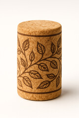 A cylindrical cork with a leaf pattern engraved on its surface. The cork is light brown with dark brown designs, suitable for sealing bottles or jars.