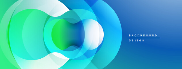 Abstract design features overlapping circles, gradients. Blue, green hues create dynamic visual effect. Modern, clean aesthetic.