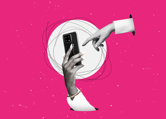 Young girl taking photos with modern smartphone - hands of unrecognizable woman holding and using smartphone. Contemporary flat design art collage