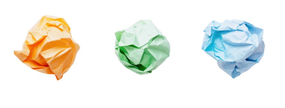 Three crumpled pastel paper balls, orange, green, and blue, isolated on black - Powered by Adobe