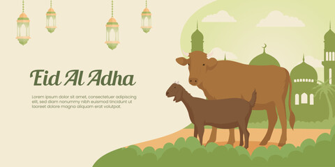 Eid al-Adha greeting background with Islamic decoration, and camel, cow, goat animals. Islamic background with light green color, for eid al-adha mubarak horizontal banner template. Graphics for hajj 