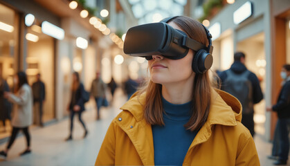 Obraz premium Young Woman Wearing VR Headset – Digital Experience in Shopping Mall for Retail Innovation, Virtual Shopping Experience, and Augmented Reality Technology