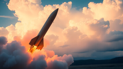 Rocket Ascending: A powerful rocket ascends majestically, leaving a trail of smoke against a backdrop of a dynamic sky with fluffy clouds, evoking a sense of aspiration, potential, and progress.