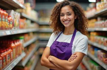 Smiling woman in apron stands at grocery store aisle. Fresh food on shelves behind. Smiling staff member poses looking at camera. Supermarket shopping concept.