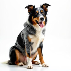 Fototapeta premium Australian Cattle Dog isolated white background. Canine sits, looks. Dog breed with blue merle coat, alert expression, tongue out. Smart working breed for herding, farm work. Happy pet portrait.
