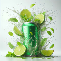 A green soda can surrounded by splashes of water, lime slices, and fresh mint leaves. The scene conveys a refreshing beverage concept.