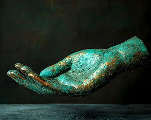 A teal and bronze hand sculpture.