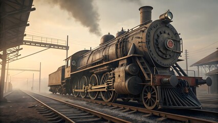 Fototapeta premium Vintage Steam Locomotive at Sunrise