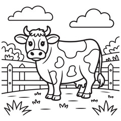 Hand-drawn illustration of a cow standing in a field with clouds and a wooden fence