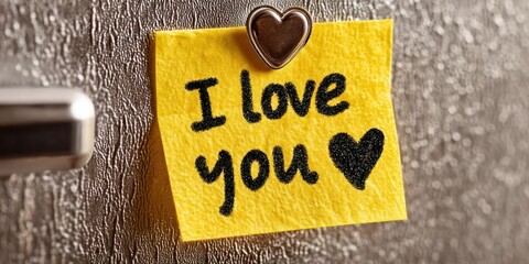Yellow Sticky Note with 'I Love You' Message on Refrigerator Door