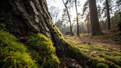 A sunlit forest scene with mossy tree trunks and a soft, natural woodland floor.