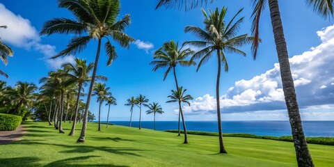 Obraz premium Lush Green Lawn with Palm Trees and Ocean View on a Sunny Day