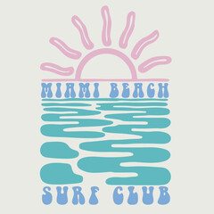 Vintage abstract Miami beach sea waves sun and surf beach illustration with retro typography slogan print for graphic tee t shirt or poster sticker - Vector. Summer vibes artwork. Sunshine paradise 