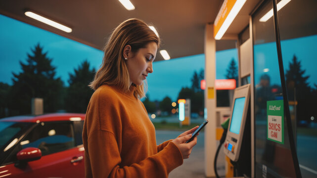 Digital Payment at Gas Station – Woman Using Smartphone App for Contactless Fueling at Night for Mobile Payment Solutions, Financial Technology, and Modern Lifestyle Convenience
