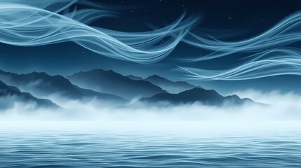 Mystical Night Landscape Serene Mountains and Ethereal Blue Waves