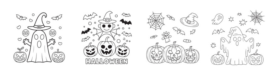 Hand-drawn Halloween decorations with pumpkins, bats, spiderweb, and witch hat