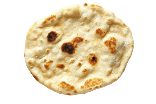 A round, flatbread with slightly browned, blistered edges and a pale, soft interior, shows subtle charring in places - Powered by Adobe