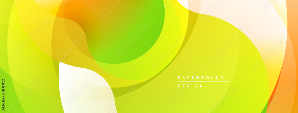 Fototapete Abstract colorful shapes overlap creating dynamic background. Soft gradients blend yellow, orange, green hues. Modern design element.
