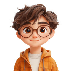 Cartoon character boy with glasses cute animation style portrait render on transparent background