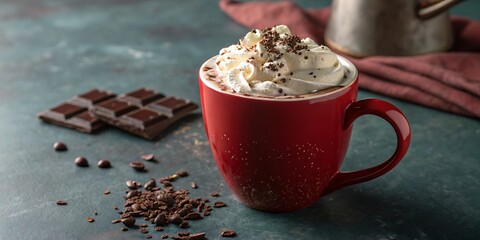 Delicious Hot Chocolate in Red Mug Topped with Whipped Cream and Chocolate Shavings
