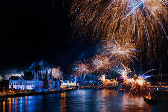 Spectacular fireworks display show in Budapest. Light and fireworks show on August 20th. in Saint Stephen’s Day celebration