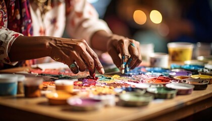 Fototapeta premium Hands skillfully blend vibrant paints on a wooden table, creating an artistic masterpiece.