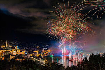 Spectacular fireworks display show in Budapest. Light and fireworks show on August 20th. in Saint Stephen’s Day celebration