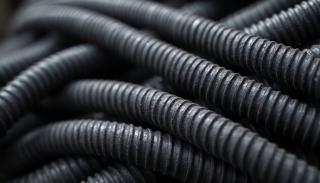 Close-up view of black flexible hoses. Industrial engineering background. Tubing for construction, manufacturing, workshop. Rugged tech design hardware. Suitable for plumbing, electrical, gas, water