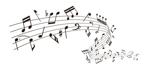ウェーブ状の楽譜：五線譜に並ぶ音符の背景ベクターイラスト