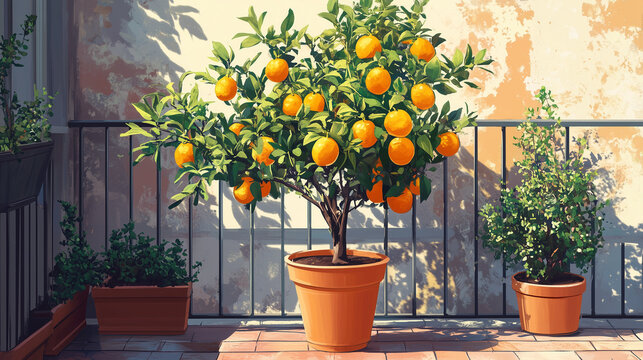 "Balcony Orange Tree in Clay Pot with Fresh Ripe Citrus Fruits – Urban Gardening, Potted Plants, and Homegrown Organic Citrus on a Sunny Terrace with Natural Greenery and Rustic Wall Background