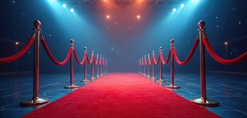 Red carpet with velvet ropes. Gold stanchions lead to the stage. Spotlight lighting. Celebration, Hollywood, glamour, show business, premiere, vip event.
