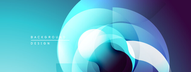 Abstract gradient shapes overlap, creating dynamic visual effect. Blue, purple hues dominate composition. Modern design element.