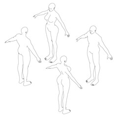 Four figures are shown in a circle, each with their arms outstretched. The figures are all different sizes and poses, but they all have a similar, almost robotic appearance. Scene is somewhat eerie