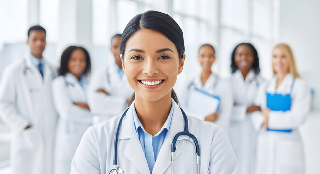 Confident Female Doctor Smiling with Diverse Medical Team in Background.
